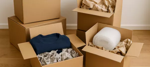 Flyttlådor packade med sparmaterial och studentens tillhörigheter